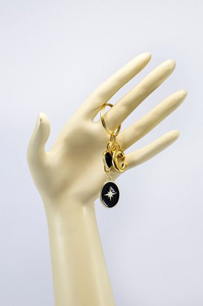 Siyah Cam Nazar Boncuğu Metal Kuzey Yıldızı Küçük Anahtarlık, C Harfi Minik Çanta Süsü