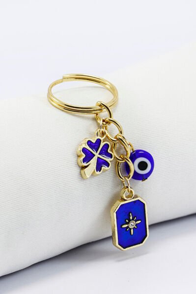 Lacivert Cam Nazar Boncuğu Metal Kuzey Yıldızı Küçük Anahtarlık, Yonca Minik Çanta Süsü