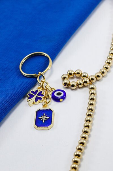 Lacivert Cam Nazar Boncuğu Metal Kuzey Yıldızı Küçük Anahtarlık, Yonca Minik Çanta Süsü