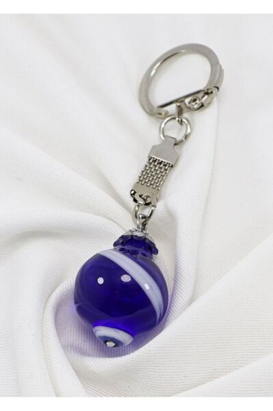 Navy Blue Globe Striped Evil Eye Bead Keychain, Evil Eye Beaded Gift Bag Ornament