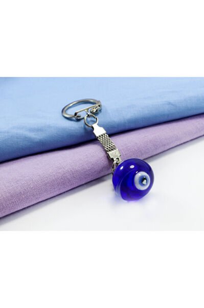 Navy Blue Globe Striped Evil Eye Bead Keychain, Evil Eye Beaded Gift Bag Ornament