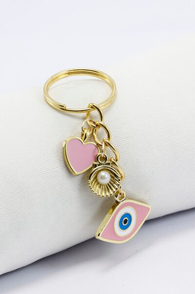 Pembe Nazar Boncuğu Gold Pembe Metal Kalp Küçük Anahtarlık, Minik Çanta Süsü