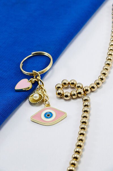 Pembe Nazar Boncuğu Gold Pembe Metal Kalp Küçük Anahtarlık, Minik Çanta Süsü