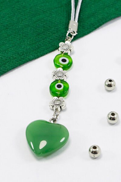 El Yapımı Yeşil Cam Nazar Boncuklu Kalpli Araba Dikiz Ayna Süsü, Yeni Araba Hediyesi