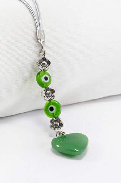 El Yapımı Yeşil Cam Nazar Boncuklu Kalpli Araba Dikiz Ayna Süsü, Yeni Araba Hediyesi