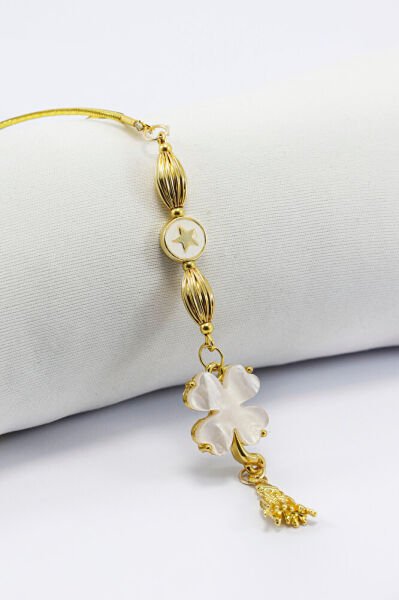 Metal Yıldız Boncuklu Krem Yonca Araba Dikiz Ayna Süsü, Yeni Araba Hediyesi