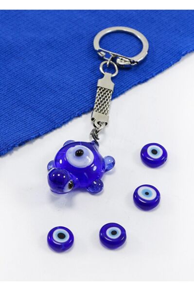 Dark Blue Glass Turtle Figured Evil Eye Bead Keychain, Evil Eye Beaded Gift Bag Ornament