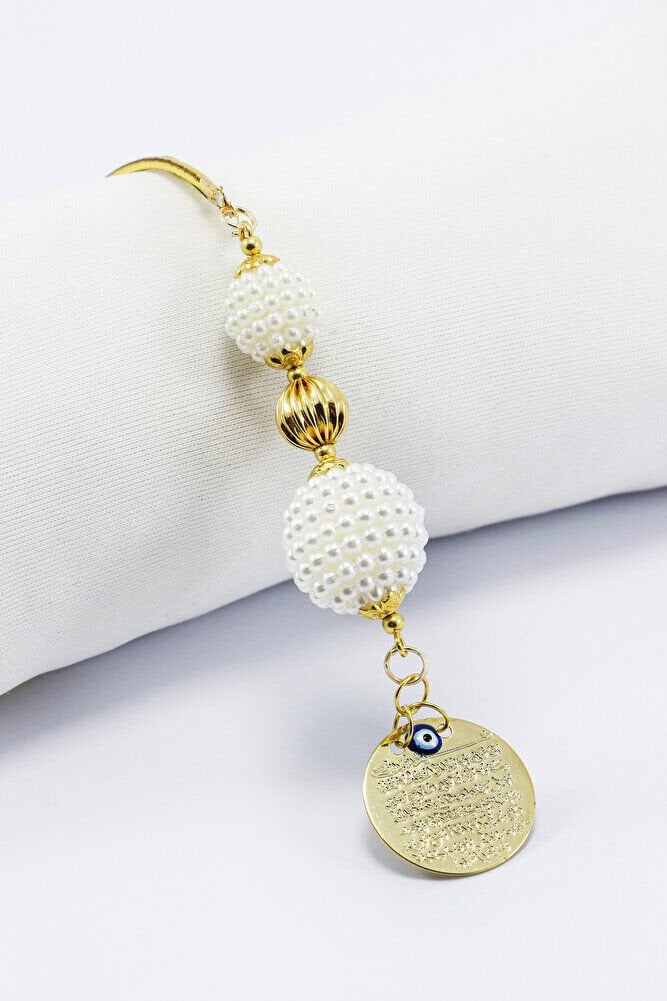 Gold Renkli İncili Boncuklu Metal Ayet'el Kürsi Araba Dikiz Ayna Süsü, Şık Araba Hediyesi