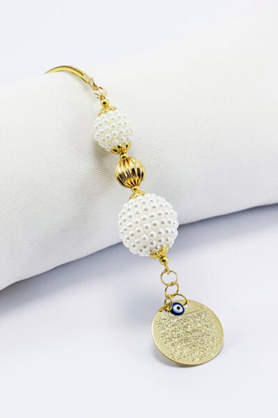 Gold Renkli İncili Boncuklu Metal Ayet'el Kürsi Araba Dikiz Ayna Süsü, Şık Araba Hediyesi