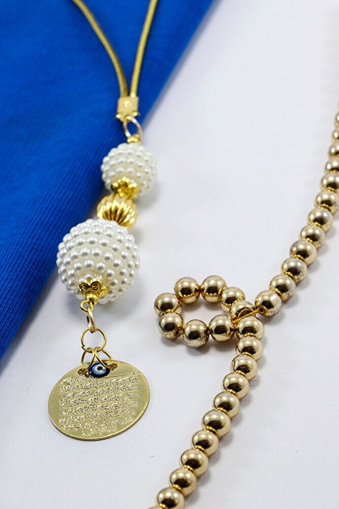 Gold Renkli İncili Boncuklu Metal Ayet'el Kürsi Araba Dikiz Ayna Süsü, Şık Araba Hediyesi