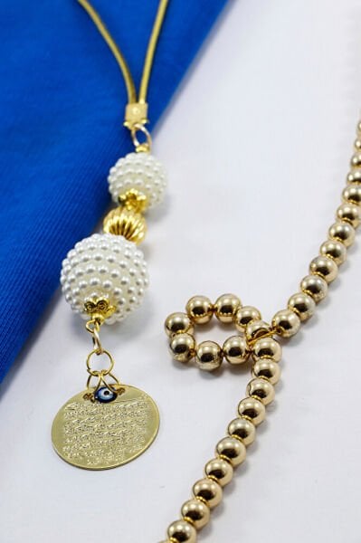 Gold Renkli İncili Boncuklu Metal Ayet'el Kürsi Araba Dikiz Ayna Süsü, Şık Araba Hediyesi