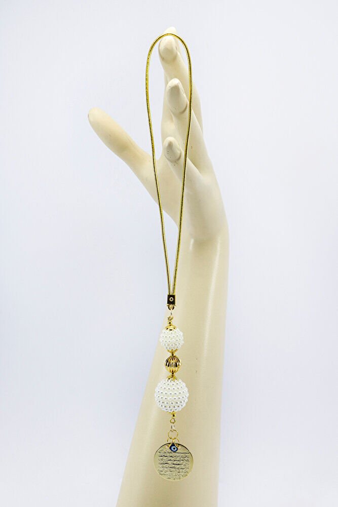 Gold Renkli İncili Boncuklu Metal Ayet'el Kürsi Araba Dikiz Ayna Süsü, Şık Araba Hediyesi