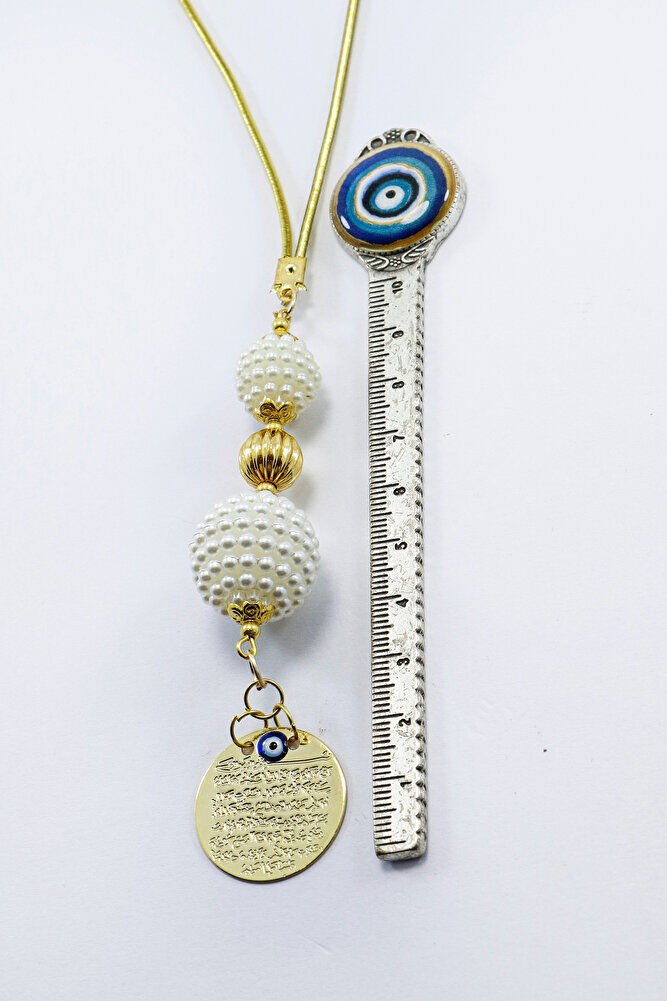 Gold Renkli İncili Boncuklu Metal Ayet'el Kürsi Araba Dikiz Ayna Süsü, Şık Araba Hediyesi