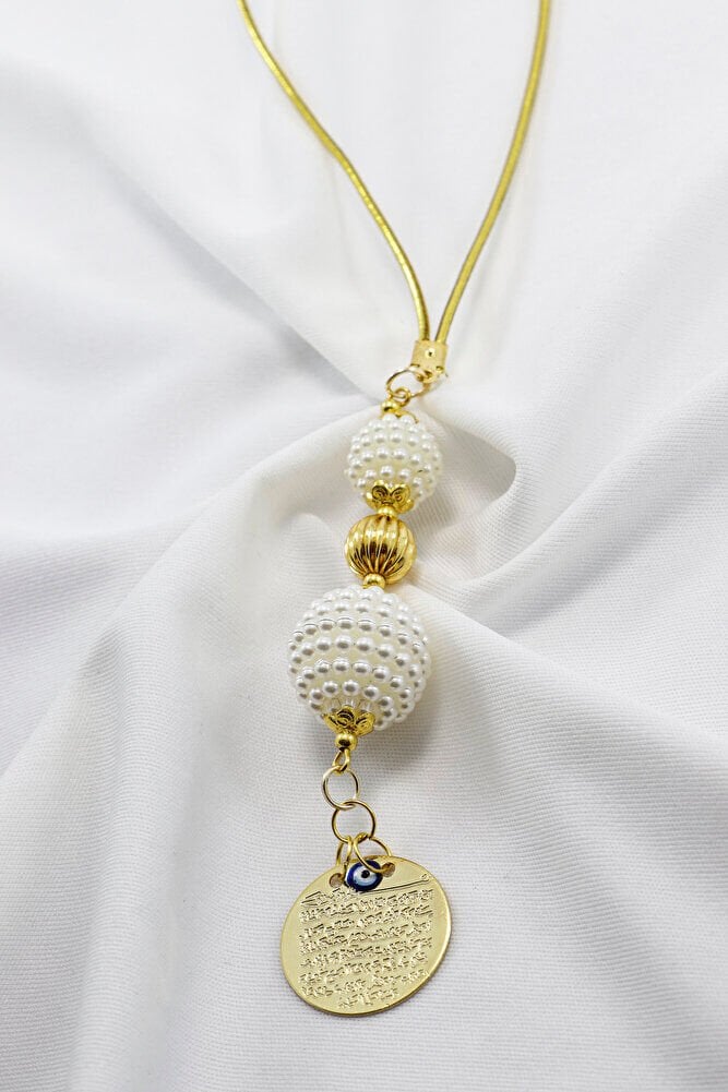 Gold Renkli İncili Boncuklu Metal Ayet'el Kürsi Araba Dikiz Ayna Süsü, Şık Araba Hediyesi