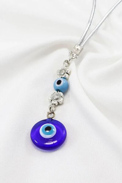 Turkuaz Nazarlı El Yapımı Cam Nazar Boncuklu Araba Dikiz Ayna Süsü, Çiçekli Yeni Araba Hediyesi