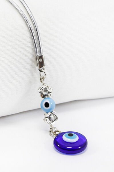 Turkuaz Nazarlı El Yapımı Cam Nazar Boncuklu Araba Dikiz Ayna Süsü, Çiçekli Yeni Araba Hediyesi