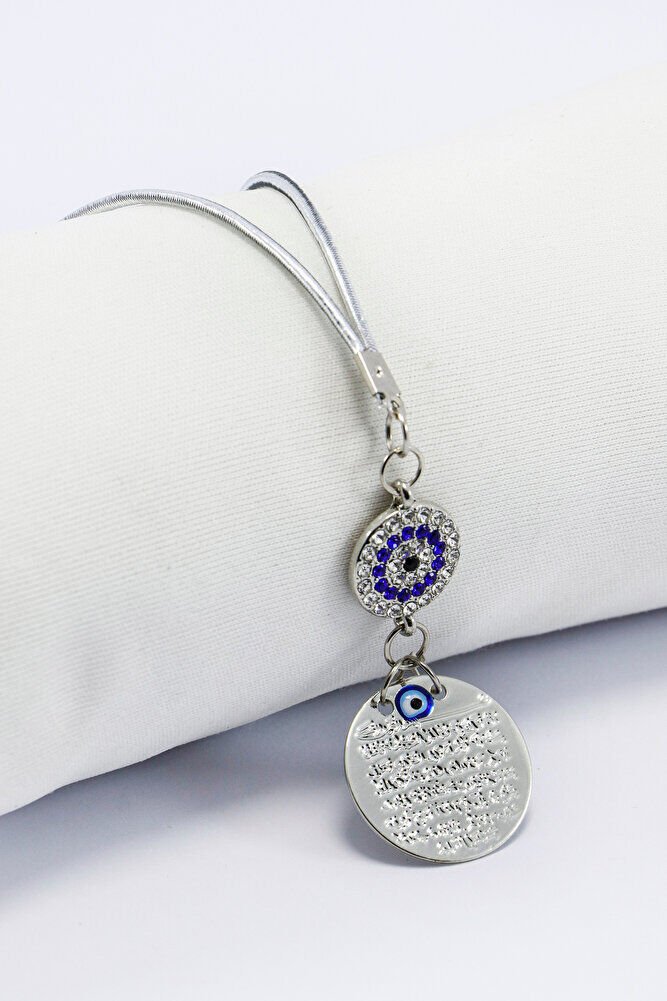 Gümüş Renkli Metal Ayet'el Kürsi Araba Dikiz Ayna Süsü, Parlak Metal Nazar Boncuklu