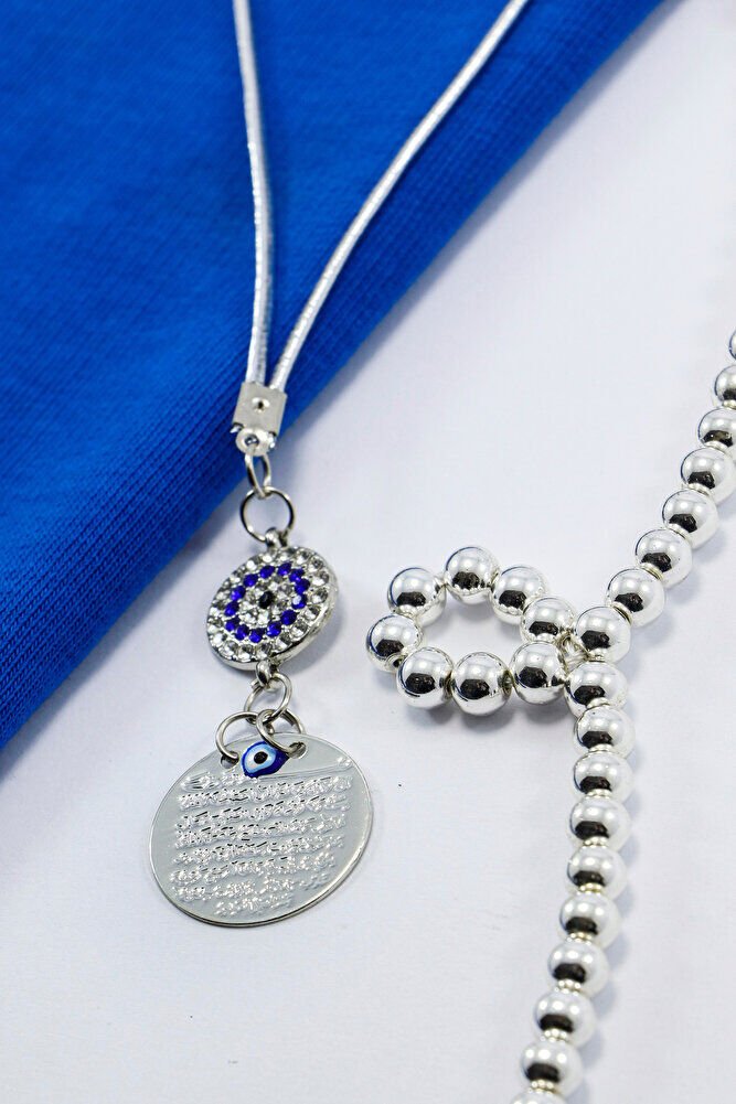 Gümüş Renkli Metal Ayet'el Kürsi Araba Dikiz Ayna Süsü, Parlak Metal Nazar Boncuklu