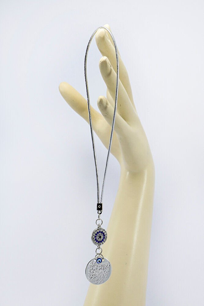 Gümüş Renkli Metal Ayet'el Kürsi Araba Dikiz Ayna Süsü, Parlak Metal Nazar Boncuklu