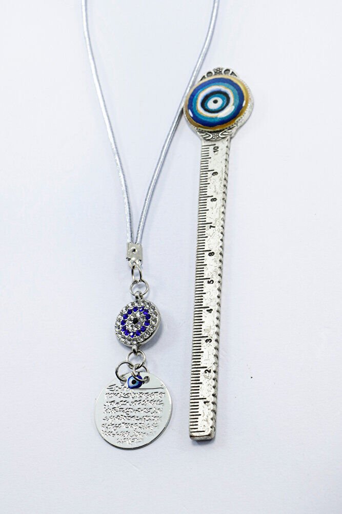 Gümüş Renkli Metal Ayet'el Kürsi Araba Dikiz Ayna Süsü, Parlak Metal Nazar Boncuklu