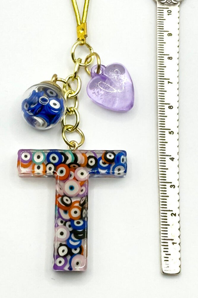 Colorful Evil Eye Beaded Letter T Car Rearview Mirror Ornament, New Car Gift