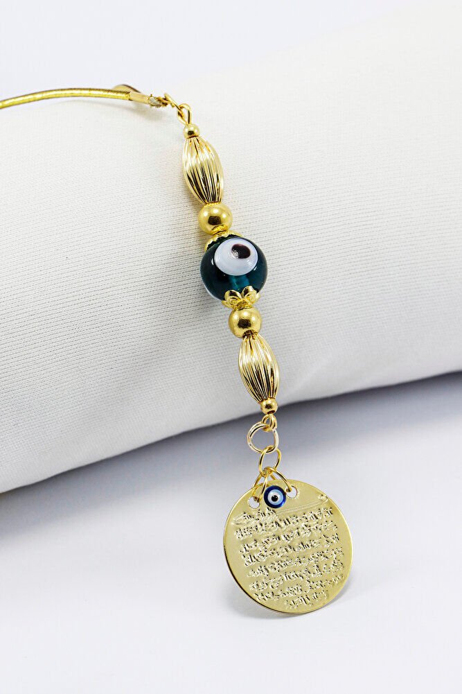 Gold Renkli Zümrüt Yeşili Yuvarlak Nazar Boncuklu Metal Ayet'el Kürsi Araba Dikiz Ayna Süsü