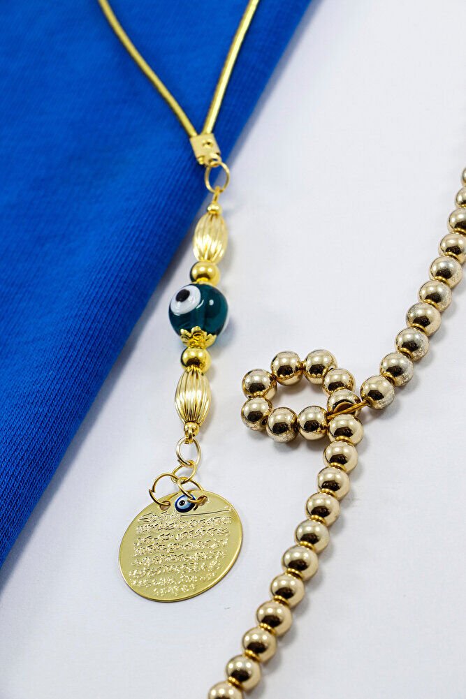 Gold Renkli Zümrüt Yeşili Yuvarlak Nazar Boncuklu Metal Ayet'el Kürsi Araba Dikiz Ayna Süsü