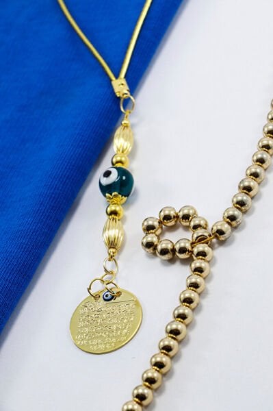 Gold Renkli Zümrüt Yeşili Yuvarlak Nazar Boncuklu Metal Ayet'el Kürsi Araba Dikiz Ayna Süsü