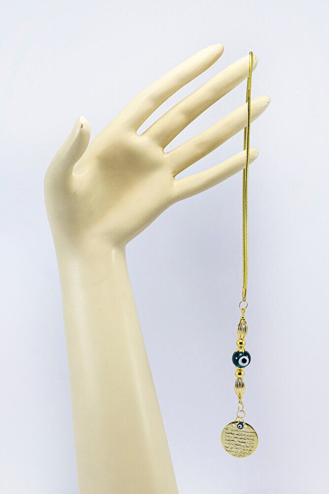 Gold Renkli Zümrüt Yeşili Yuvarlak Nazar Boncuklu Metal Ayet'el Kürsi Araba Dikiz Ayna Süsü