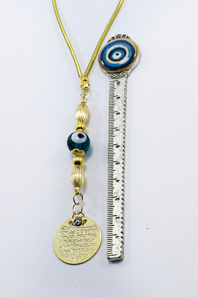 Gold Renkli Zümrüt Yeşili Yuvarlak Nazar Boncuklu Metal Ayet'el Kürsi Araba Dikiz Ayna Süsü