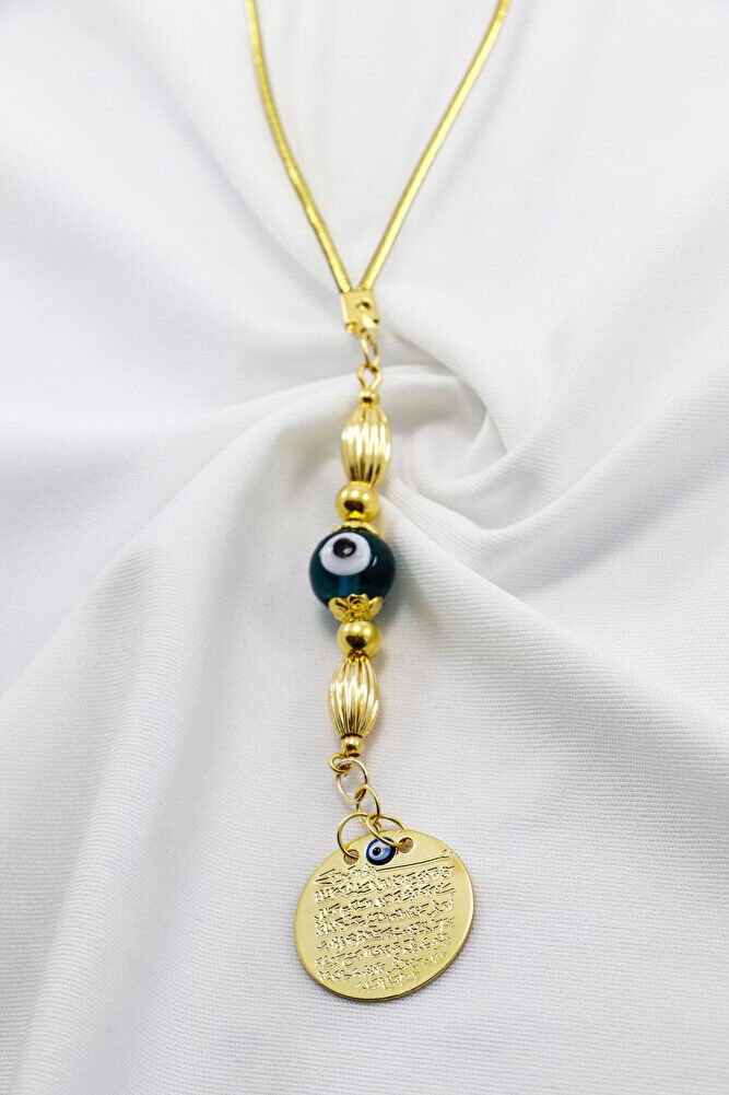 Gold Renkli Zümrüt Yeşili Yuvarlak Nazar Boncuklu Metal Ayet'el Kürsi Araba Dikiz Ayna Süsü