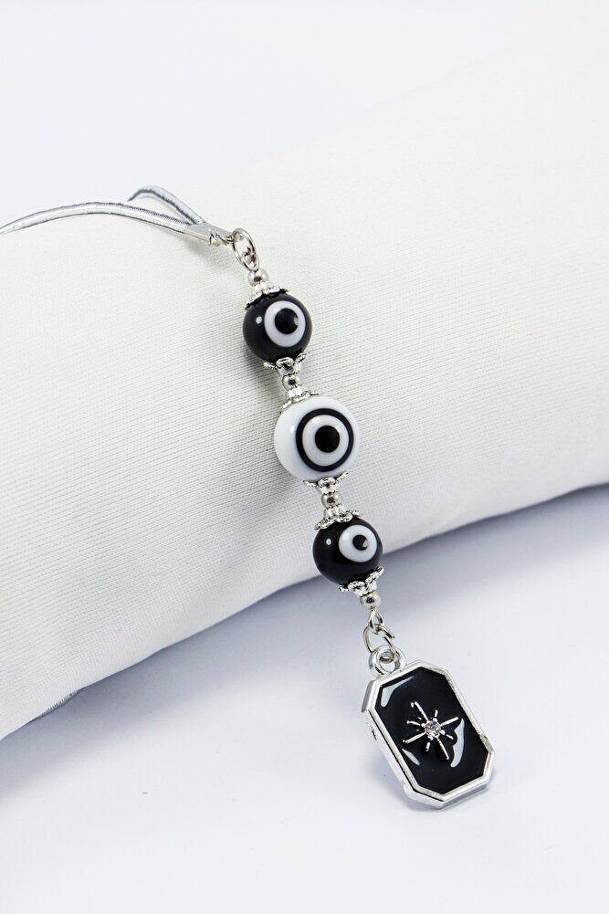 Siyah Beyaz Cam Nazar Boncuklu Metal Kuzey Yıldızı Araba Dikiz Ayna Süsü Gümüş Renkli