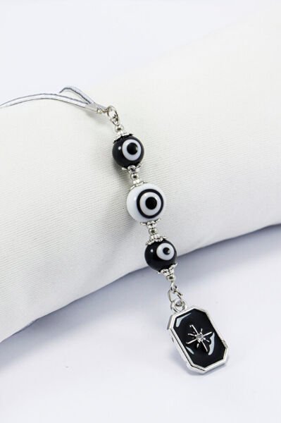 Siyah Beyaz Cam Nazar Boncuklu Metal Kuzey Yıldızı Araba Dikiz Ayna Süsü Gümüş Renkli