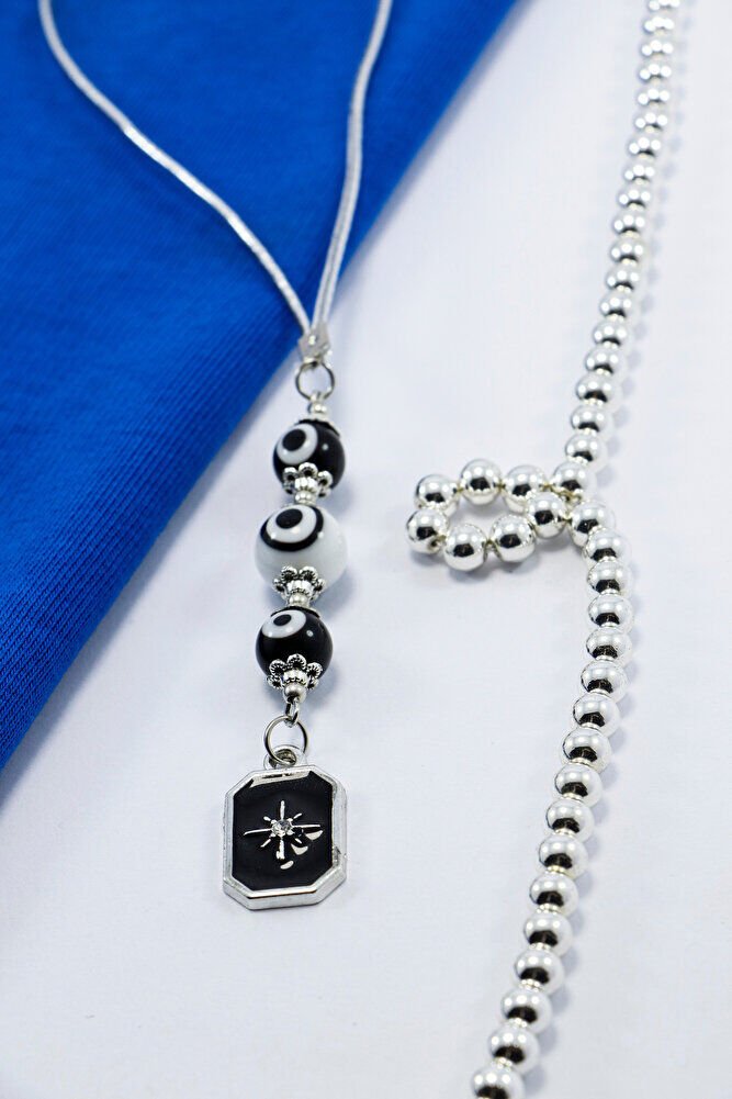 Siyah Beyaz Cam Nazar Boncuklu Metal Kuzey Yıldızı Araba Dikiz Ayna Süsü Gümüş Renkli