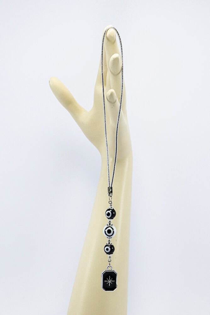 Siyah Beyaz Cam Nazar Boncuklu Metal Kuzey Yıldızı Araba Dikiz Ayna Süsü Gümüş Renkli