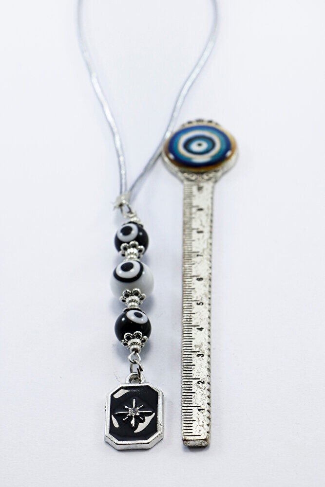 Siyah Beyaz Cam Nazar Boncuklu Metal Kuzey Yıldızı Araba Dikiz Ayna Süsü Gümüş Renkli