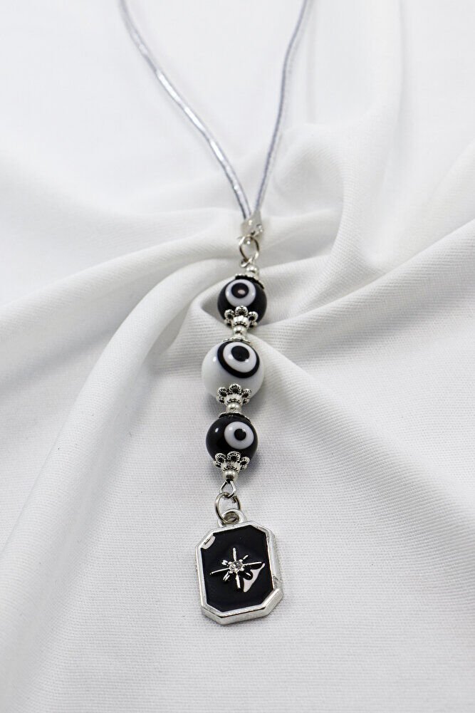 Siyah Beyaz Cam Nazar Boncuklu Metal Kuzey Yıldızı Araba Dikiz Ayna Süsü Gümüş Renkli