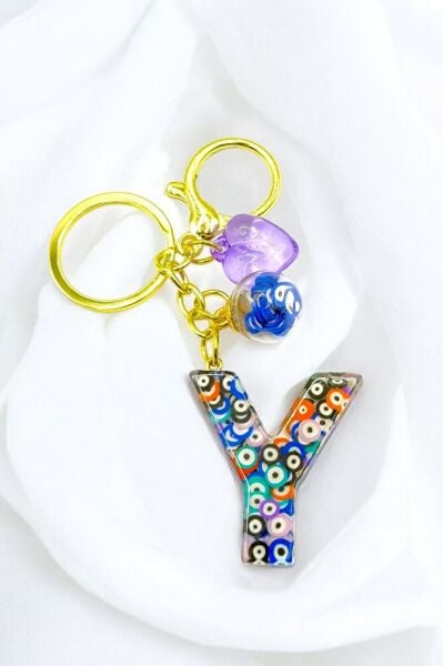 Colorful Evil Eye Beaded Letter Y Keychain, Handmade Gift Bag Ornament