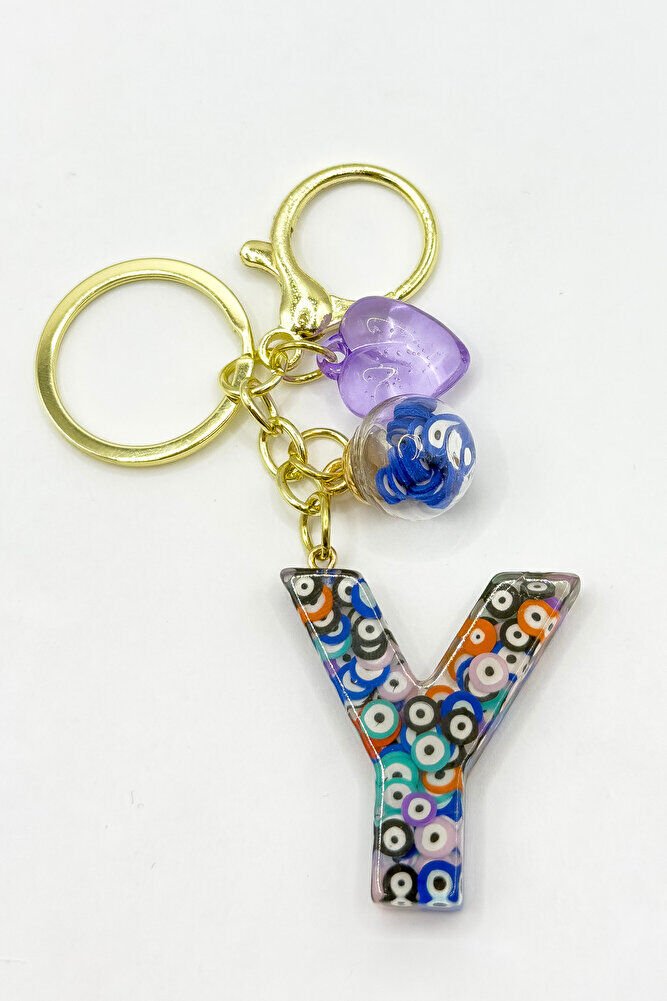 Renkli Nazar Boncuklu Y Harfi Anahtarlık, El Yapımı Hediyelik Çanta Süsü