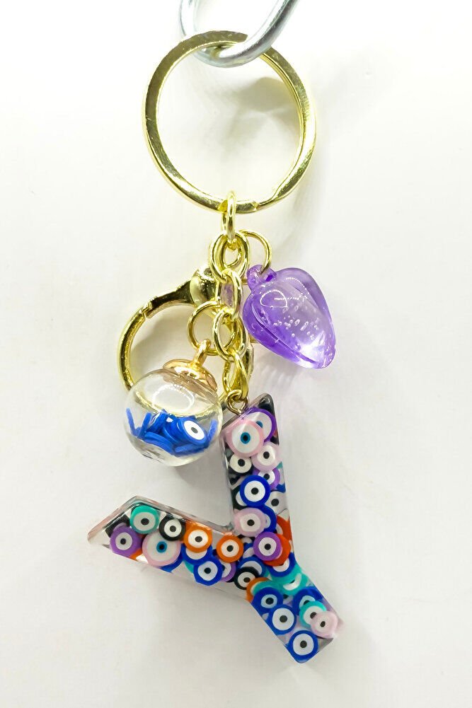 Renkli Nazar Boncuklu Y Harfi Anahtarlık, El Yapımı Hediyelik Çanta Süsü