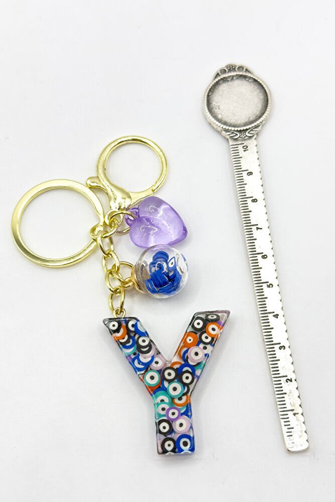 Renkli Nazar Boncuklu Y Harfi Anahtarlık, El Yapımı Hediyelik Çanta Süsü
