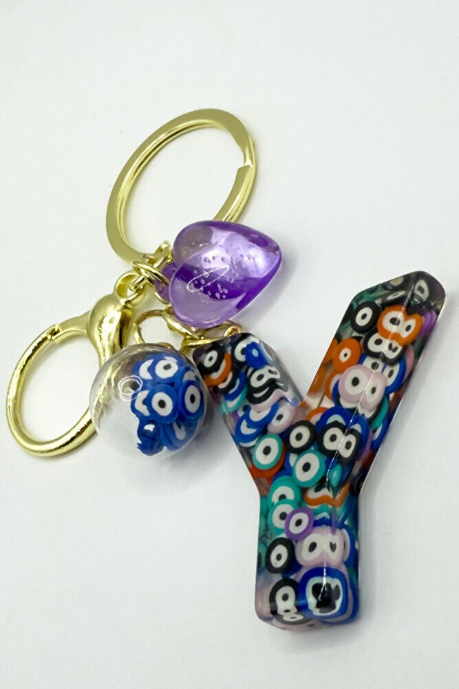 Renkli Nazar Boncuklu Y Harfi Anahtarlık, El Yapımı Hediyelik Çanta Süsü