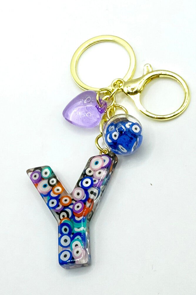 Renkli Nazar Boncuklu Y Harfi Anahtarlık, El Yapımı Hediyelik Çanta Süsü