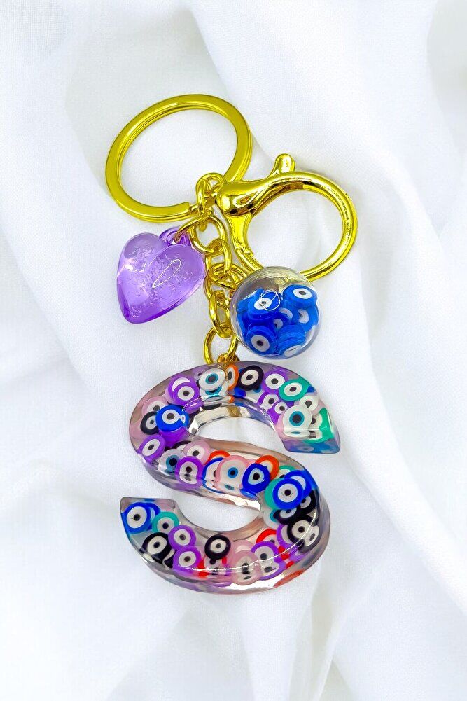 Colorful Evil Eye Beaded Letter S Keychain, Handmade Gift Bag Ornament