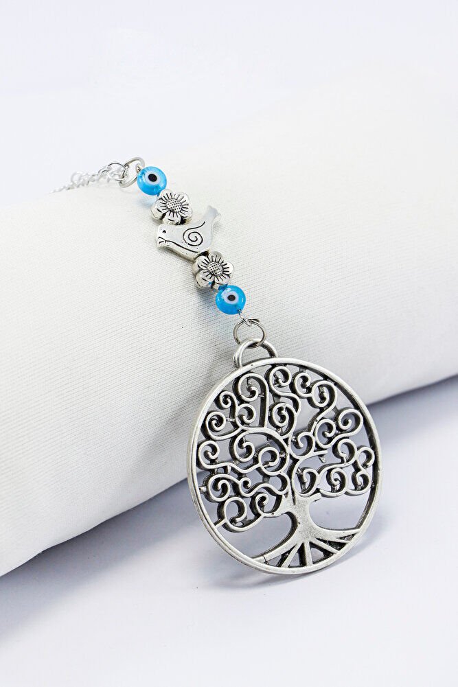 Gümüş Renkli Metal Kuşlu Çiçekli Hayat Ağacı Araba Dikiz Ayna Süsü, Turkuaz Nazarlık