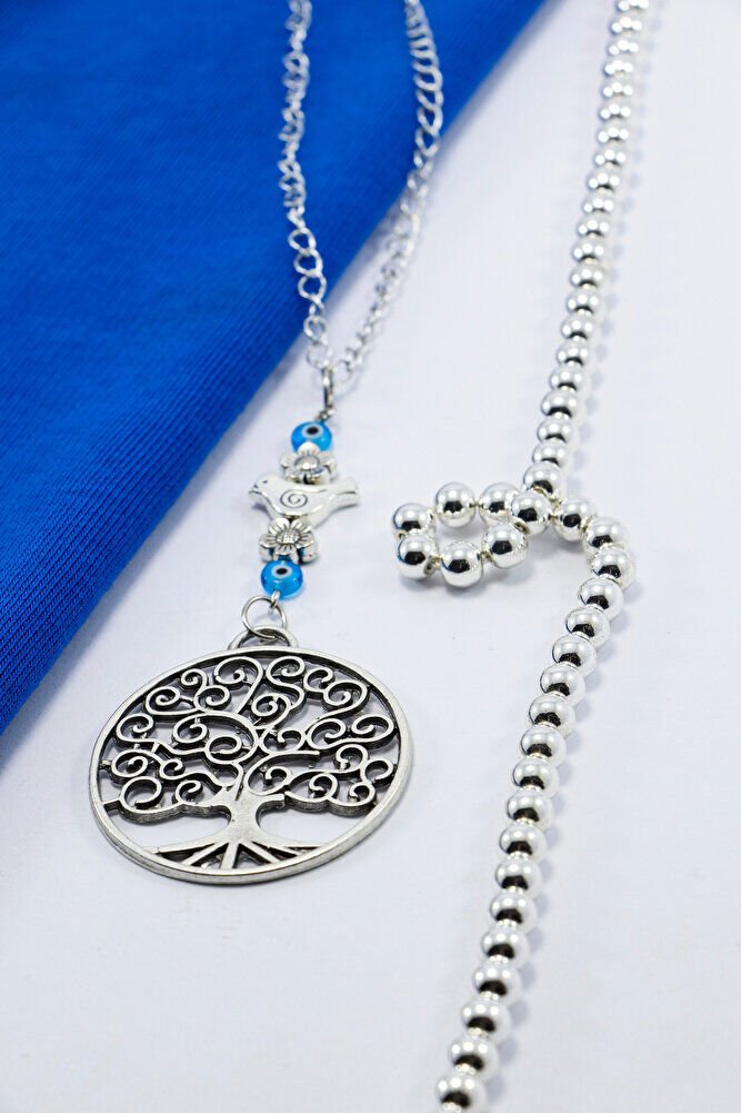 Gümüş Renkli Metal Kuşlu Çiçekli Hayat Ağacı Araba Dikiz Ayna Süsü, Turkuaz Nazarlık