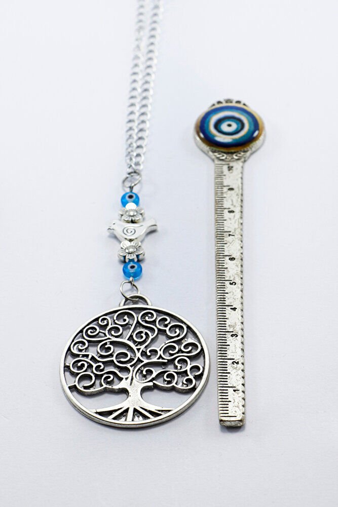 Gümüş Renkli Metal Kuşlu Çiçekli Hayat Ağacı Araba Dikiz Ayna Süsü, Turkuaz Nazarlık