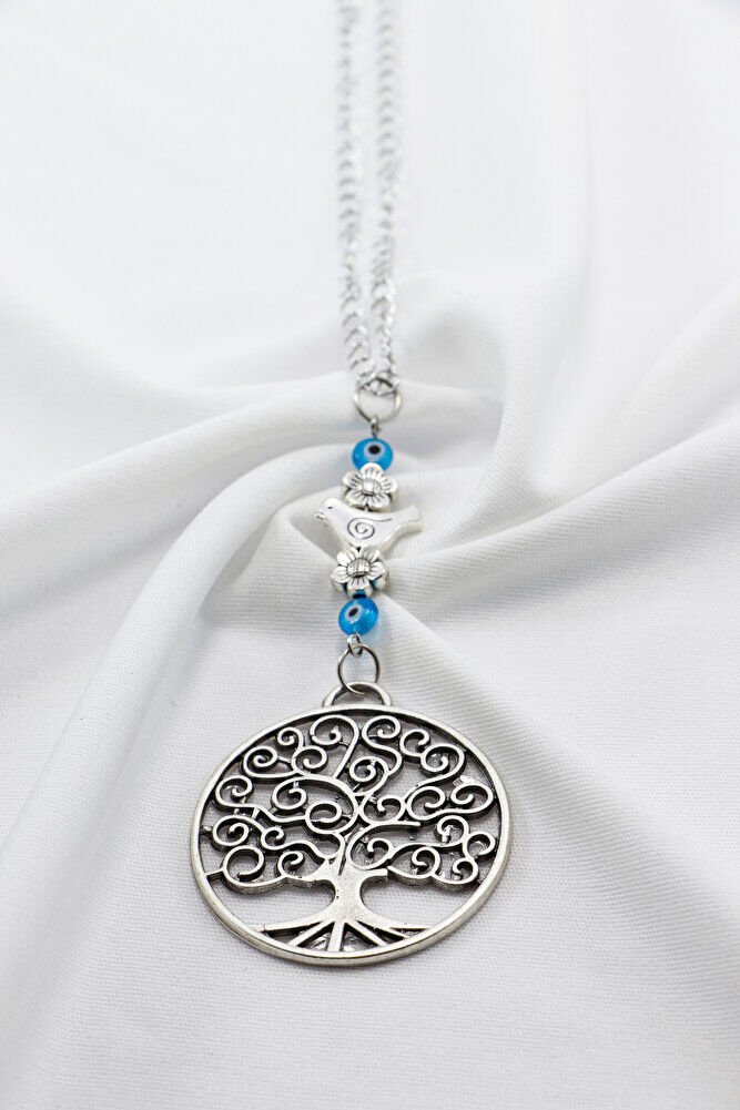 Gümüş Renkli Metal Kuşlu Çiçekli Hayat Ağacı Araba Dikiz Ayna Süsü, Turkuaz Nazarlık