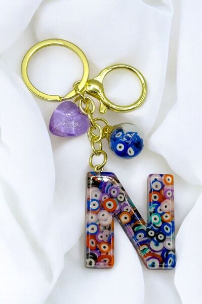 Colorful Evil Eye Beaded Letter N Keychain, Handmade Gift Bag Ornament