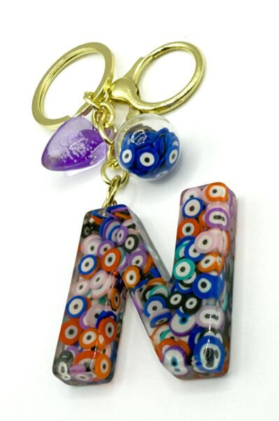 Colorful Evil Eye Beaded Letter N Keychain, Handmade Gift Bag Ornament